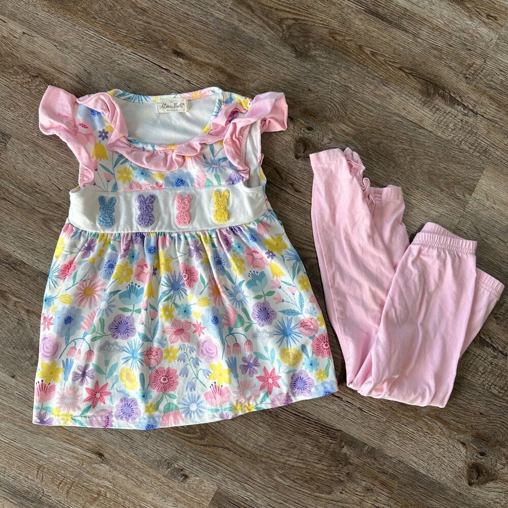 Marie Nichole Girls Large Outfit Easter Short Sleeve Tights Pink Bunny 4 Floral